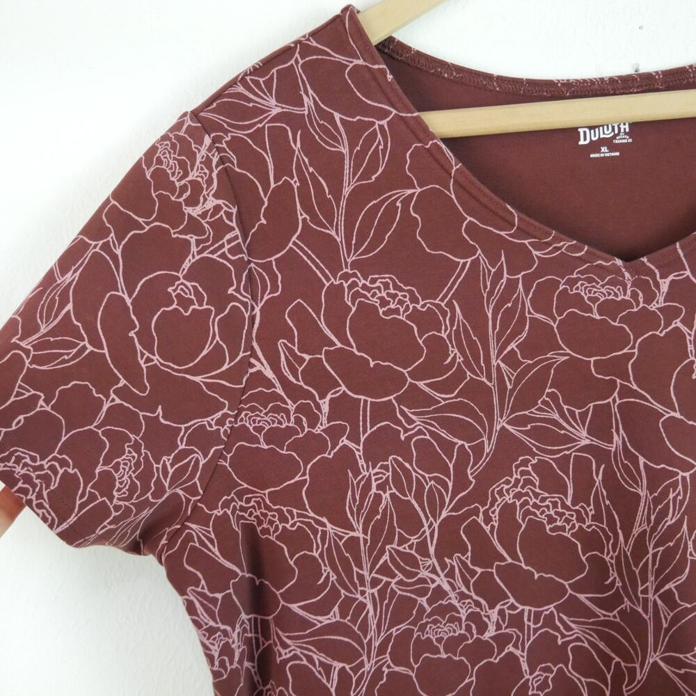 Duluth Trading Company Dress XL Brown Floral Stretch Cotton Pockets Short Sleeve - Picture 3 of 7